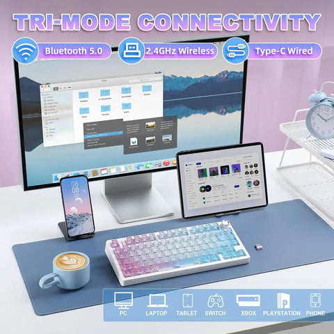 Tri Mode Wireless Gaming Keyboard With Bluetooth Five Point Zero And Usb Cable Fast Switching Mechanical Keys on desktop with devices