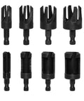 Top Shelf Woodworking Plug Cutter Drill Bit Set featuring straight and tapered chamfer bits in four sizes, carbon steel.