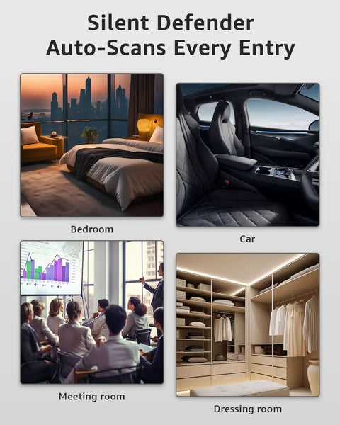 Visual showing Hidden Camera Detector Pro With Advanced Anti Spy Tech RF Signal And GPS Tracker Finder in bedroom, car, meeting room, dressing room