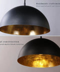 Close-up view of 15" Black and Gold Dome Pendant Lights, 3 Pack Industrial Farmhouse textured matte black with gold leaf interior.