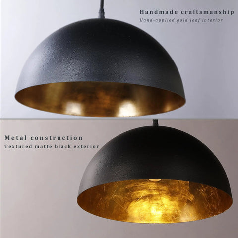 Close-up view of 15" Black and Gold Dome Pendant Lights, 3 Pack Industrial Farmhouse textured matte black with gold leaf interior.