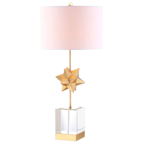 Clear And Gold Leaf Crystal Table Lamp With Hollywood Regency Starburst Metal Base And White Linen Drum Shade 32 Inch Tall Bedside Lamp With Included LED Bulb For Living Room Or Bedroom Decor