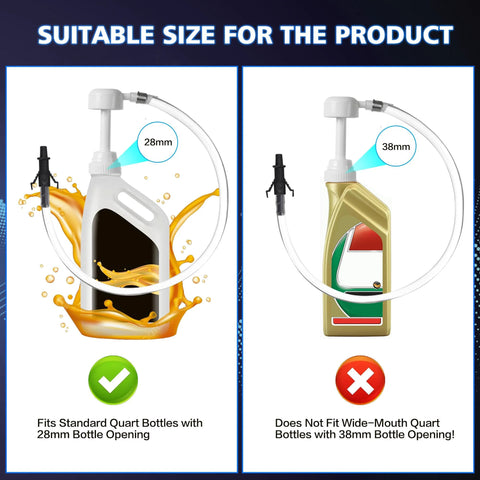 LOZAGU fluid pump for standard quart bottles; 28mm opening shown with 10cc per stroke; side-by-side 28mm vs 38mm comparison