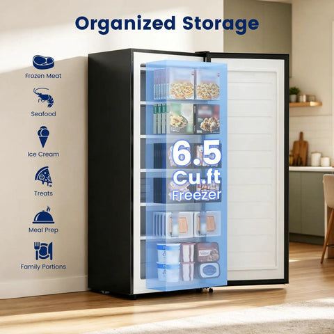 Premium Straight Up Slick 6.5 Cubic Foot Freestanding Upright Freezer For Tight Apartment Spaces with organized shelves
