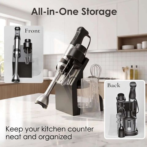Heavy-Duty 8-In-1 Immersion Blender, 1200W Beast Mode Motor, stored neatly with accessories in modern kitchen setting