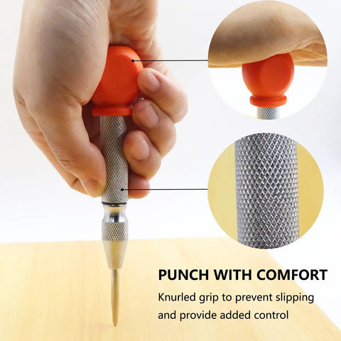Close-up of Two Piece Automatic Center Punch Set Smooth Operator Impact Punch Tool with ergonomic grip for comfort.