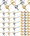 Hypoallergenic Stainless Steel Ball Earring Posts Kit With 100 Ball Posts And 100 Ear Nuts Two Color Stainless Steel Earring Posts Includes Butterfly Backs And Loop Connectors For Jewelry Making DIY, gold and silver