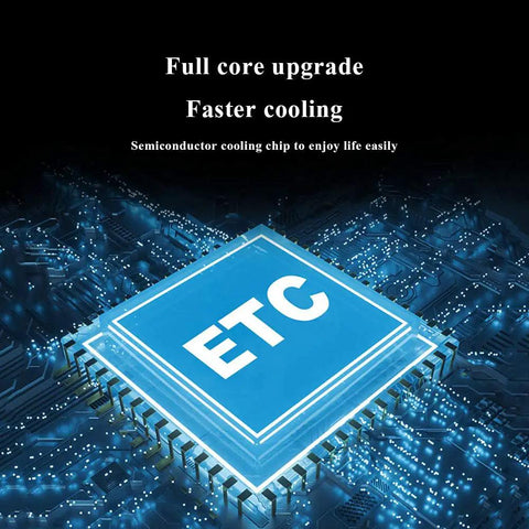 Close-up of a semiconductor cooling chip labeled ETC on a circuit board, showcasing technological upgrades and cooling features.
