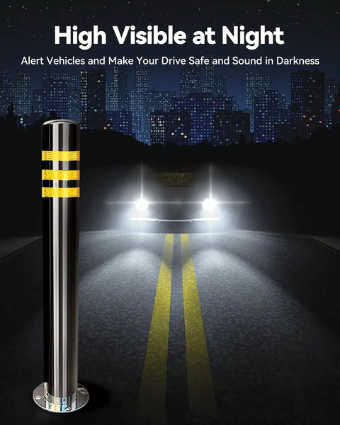 Heavy Duty Stainless Steel Safety Bollard 2 Pack Rigid parking lot barrier with reflective tape illuminated at night.
