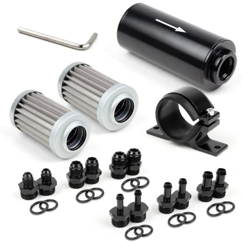 Plug And Play 10 Micron Inline Fuel Filter Kit With 6AN 8AN 10AN Adapters, One Half Inch Barb Fittings, Replacement Element, and Bracket