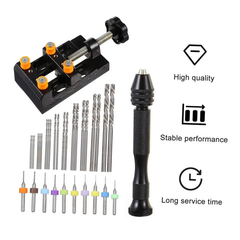One Set Drill Bit Kit For Woodworking Jewelry Making And PCB Drilling Hand Drill Tools Display with Vise and Mini Bits