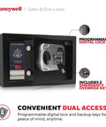 Compact Home Safe With Digital And Key Lock, DOJ-Approved, showing open door with keypad and passport visible inside.