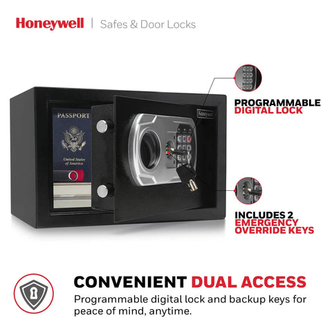 Compact Home Safe With Digital And Key Lock, DOJ-Approved, showing open door with keypad and passport visible inside.