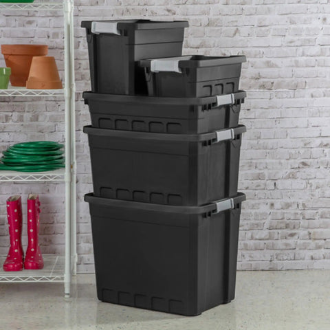 Stacked Six-Pack 19 Gallon Stackable Totes For Home Organization, Rugged Black Plastic Storage Bins With Recessed Lids And Heavy-Duty Latches
