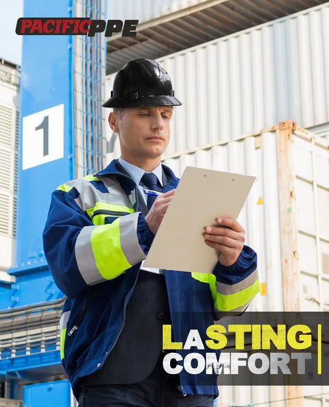 Man wearing full brim hard hat for construction OSHA certified and ANSI Z89 Type 1 Class E G C black protective safety helmet on site