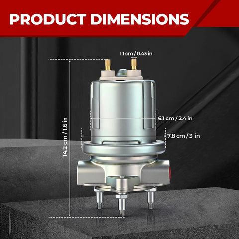 12V Inline Fuel Pump High Flow 50GPH Universal 4-6 PSI dimensions with 1/4 Inch NPSF Ports, silver metal unit, front view
