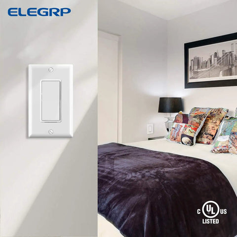 Three Way Decorator Light Switch, 15 Amp, 120 to 277 Volts AC Decorator Rocker Paddle Wall Replacement, Glossy White, on wall
