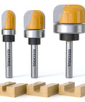 Snag This Deadset Killer Bowl And Tray Template Router Bit Set Featuring A Rock Solid 1 4 Inch Shank To Crush Heavy Duty Woodworking Jobs With Zero Sweat, showcasing three carbide router bits and wood profiles.