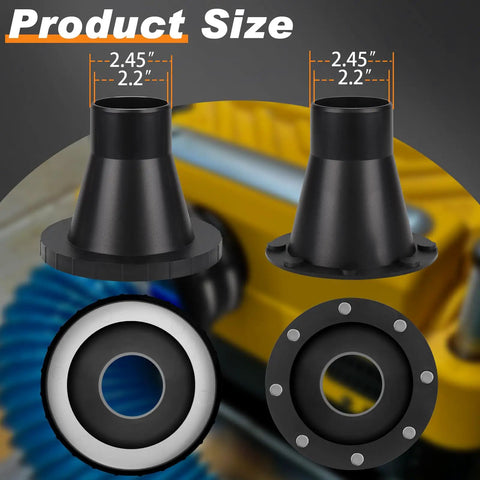 4To2.5 Magnetic Dust Collection Fitting For 2 Inch Shop Vac Hose Fast Connect Quick Attach Adapter showing size measurements of 2.45 and 2.2 inches.
