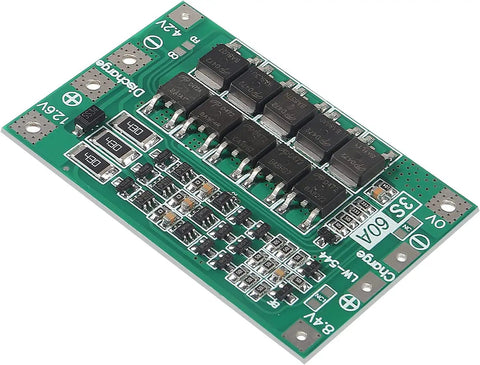No Fuss Plug And Play 3S 60A Balance Charger Panel For 18650 Lithium Cell Packs, green circuit board with connectors and components.