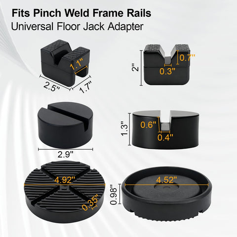 Universal Jack Pad Set For Floor Jacks And Stands with high-density rubber pads for protecting pinch welds and frame rails.