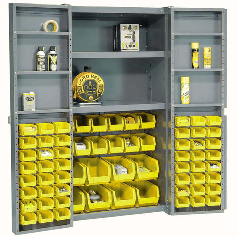 Heavy Duty Workshop Storage Rig With Sixty Eight Durable Yellow Plastic Bins And Fully Adjustable Interior Shelves showcasing organized tools and supplies.
