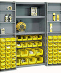 Heavy Duty Workshop Storage Rig With Sixty Eight Durable Yellow Plastic Bins And Fully Adjustable Interior Shelves for organized tools.
