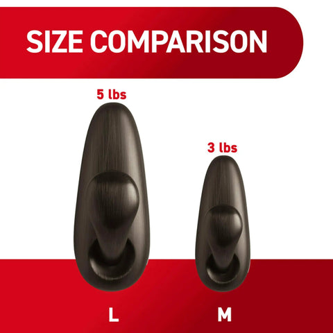Size comparison of large and medium Five Pound Large Brushed Nickel Metal Hooks With Two Large Hooks And Four Adhesive Strips Damage Free Hanging.