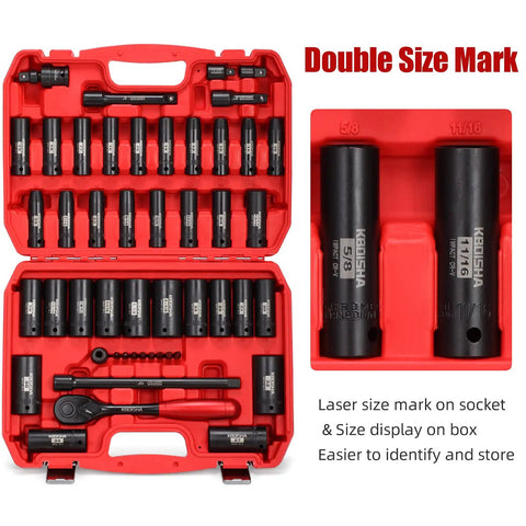Half Inch Drive Master Impact Hex Driver Set 20 Piece SAE And Metric Socket Kit with case, size marks visible