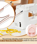 Sock hoop embroidery machine with hoop aid, tape measure, and pins, suitable for various sock sizes, for precise embroidery.