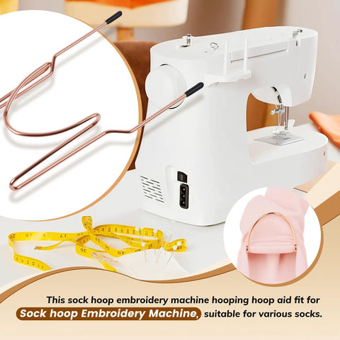 Sock hoop embroidery machine with hoop aid, tape measure, and pins, suitable for various sock sizes, for precise embroidery.
