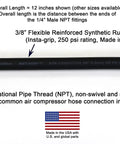 Badass 12 Inch Short Air Compressor Hose Built Like A Tank With Lead Free Brass 1/4 Male Npt To Male Npt Fittings for air tools.