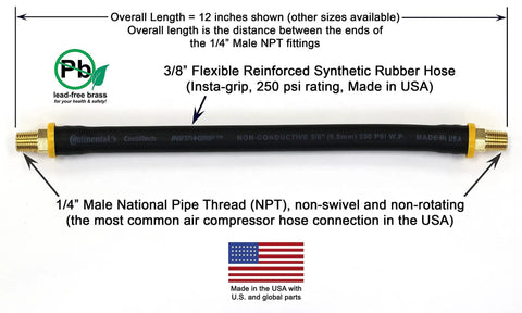 Badass 12 Inch Short Air Compressor Hose Built Like A Tank With Lead Free Brass 1/4 Male Npt To Male Npt Fittings for air tools.