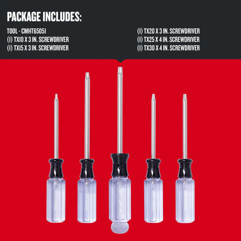 Torx Screwdriver Set With Acetate Handles 5 Piece Heat Treated Alloy Steel Tools Comfort Grip For High And Low Torque Satin Nickel Finish Built Like A Workhorse For Home And DIY Projects