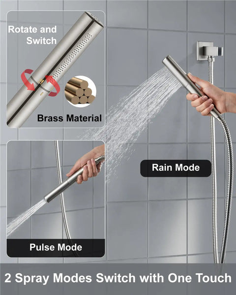 High Pressure Shower System With 2 In 1 Handheld Sprayer Wall Mounted Fixture Rough In Valve 10 Inch Brushed Nickel Shower Head