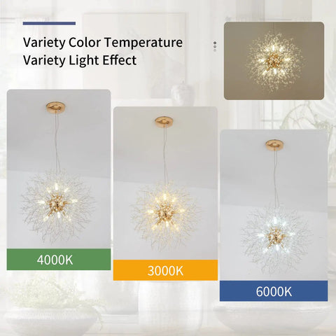 Gold Dandelion Sputnik 9 Light Crystal Chandelier Ceiling Fixture Dope Modern Firework Pendant Light with color temperature variations