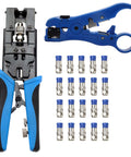 Coax Cable Crimping Kit Adjustable Tool Set For RG59 RG6 F BNC RCA With 20 F Compression Connectors shown with tools and connectors.