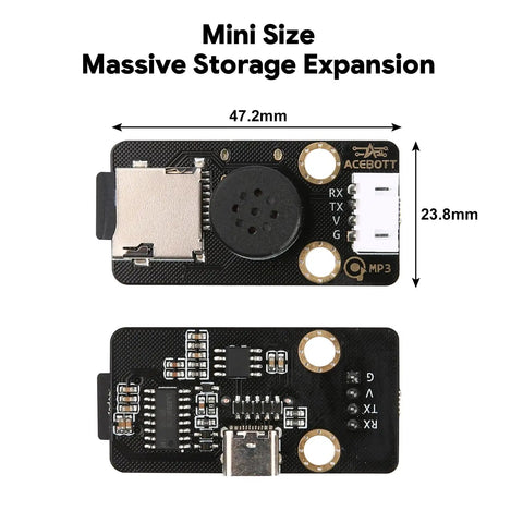 MP3 Decoder Music Player Module For Arduino And ESP32 Tiny 47mm By 24mm Board With Built In Audio Amplifier And USB Power Supports Up To 32GB TF Cards And USB Drives Easy Plug Voice Broadcast For DIY Projects And Voice Prompts, black PCB front and back