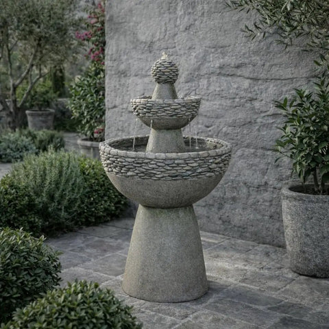 Outdoor Three Tier Zen Style Pedestal Water Fountain With Stone Trim And Pump Two Point Six Four Gallon Capacity Stone Gray