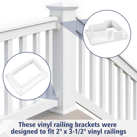Vinyl Fence Railing Bracket Kit With Screws For 2x3.5 Inch Rails, Straight Porch And Deck Railing Brackets, White Finish, Easy Install, Includes Two T-Shaped Brackets, Two Standard Brackets, Self Drilling Screws, PVC Hole Plugs