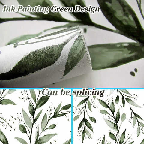 Close-up of Green Leaf Peel And Stick Wallpaper Floral Contact Paper Self Adhesive Removable Wall Cover 17.7 Inches By 118.1 Inches Tropical Vintage Flower Design For Bathroom Kitchen Cabinets showing ink painting green leaf design and splicing capability