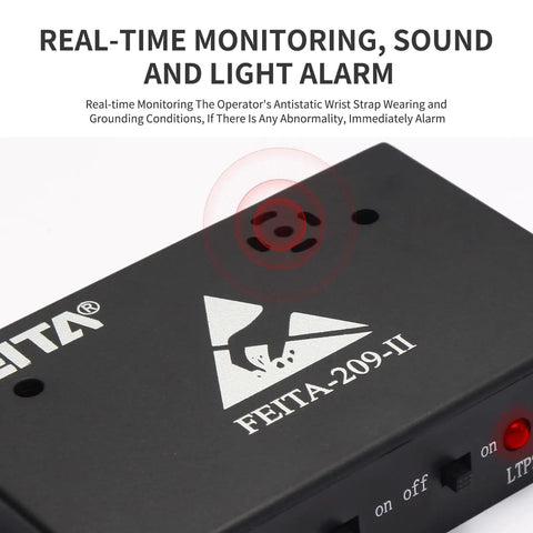 Close-up of a Dual ESD Wrist Strap Monitor And Tester With Online Grounding Status Alarm showing real-time alert features.