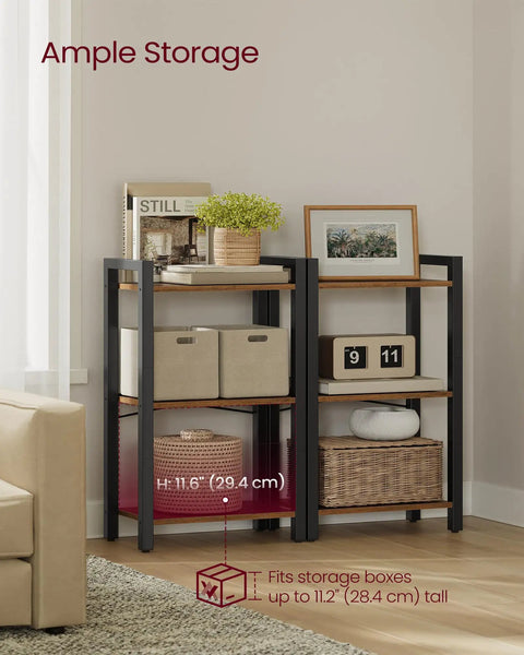 Narrow Three Tier Bookshelf For Tiny Spots, Heavy Duty Steel Rack In Rustic Brown And Matte Black, front view with storage boxes and decor.