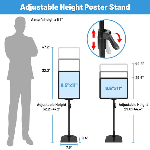 Illustration of Adjustable Poster Sign Stand 8.5 By 11 Inches For Table Top And Floor Use Height Adjustable Sign Holder dimensions