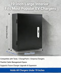 Rock Solid EV Charger Enclosure Box Featuring Quick Set Combo Lock Wall Mount showing dimensions and large interior for EV chargers.