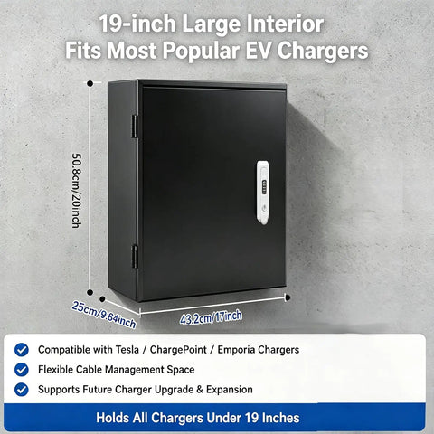 Rock Solid EV Charger Enclosure Box Featuring Quick Set Combo Lock Wall Mount showing dimensions and large interior for EV chargers.