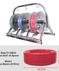 Heavy Duty Wire Spool Rack Dispenser With Adjustable Three Quarter Inch Rods holding colorful cables on display