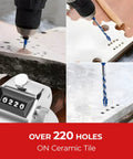 Cross-Tip Carbide Masonry Drill Bit Set, 10-Piece from 5/32 to 1/2 Inch demonstrating drilling over 220 holes on ceramic tile.