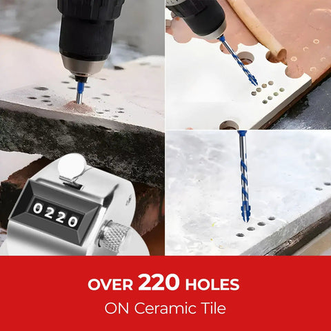 Cross-Tip Carbide Masonry Drill Bit Set, 10-Piece from 5/32 to 1/2 Inch demonstrating drilling over 220 holes on ceramic tile.