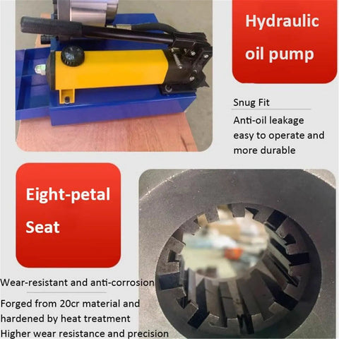 Handheld Hydraulic Hose Crimping Machine With 7 Die Sets And Real Time Pressure Gauge Built Like A Tank For High Pressure Pipe Work Job Site Ready Gear For Mechanics Wanting Serious Muscle Daily showing hydraulic oil pump and eight-petal seat.